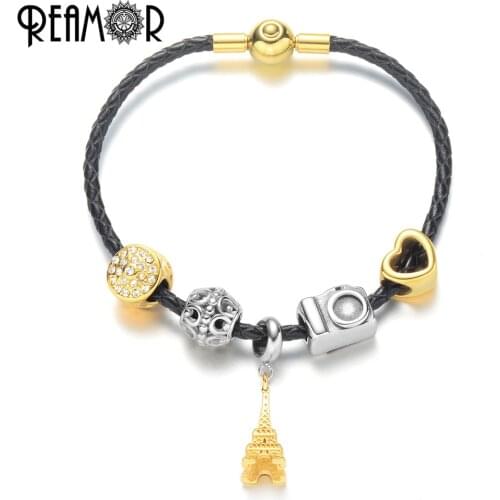 REAMOR 316l Stainless Steel Plating Gold Eiffel Tower Bracelets For Women Black Leather Rope Chain Bracelet Women DIY Jewelry