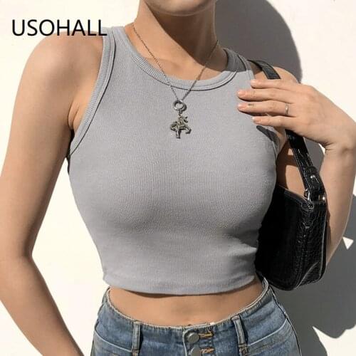 USOHALL Summer Women Knit Tank Tops Off Shoulder O Neck Basic Top