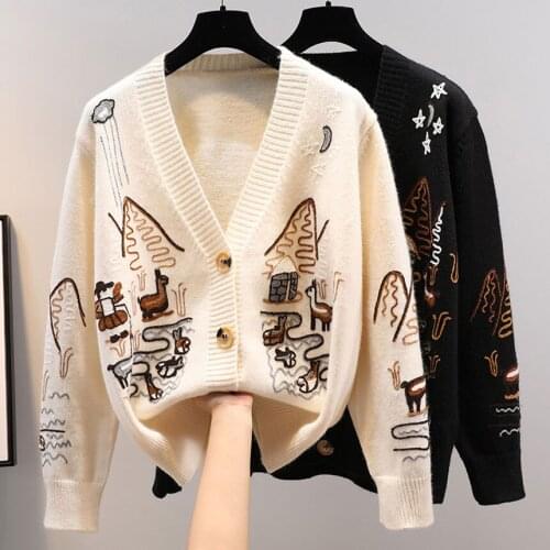 2021 Autumn Women Cardigans Vintage Long Sleeve Cartoon embroidery Sweater Coat Women Casual Kintted Cardigans Mujer Chaqueta