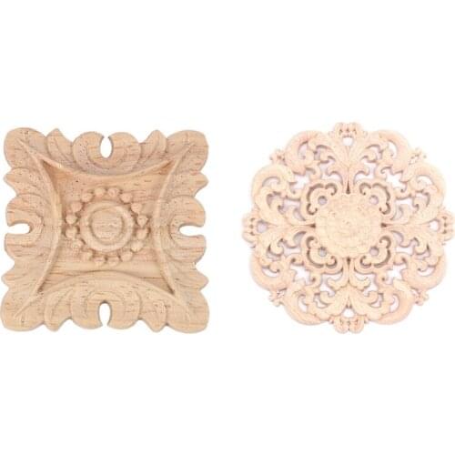 2 Pcs Wood Carved Long Applique Unpainted Flower Walls Cabinets Door Decor Wood Color 15 Cm & 6 Cm