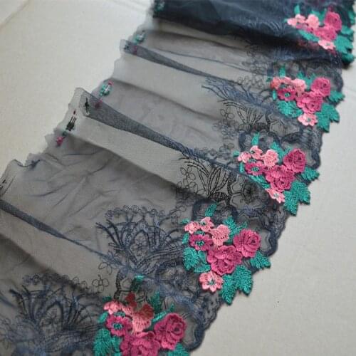2Yds/lot 23cm Wide Black Mesh Pink Green Mixed Floral Embroidery High Quality Lace Trim For Garments Wedding,Undergarment