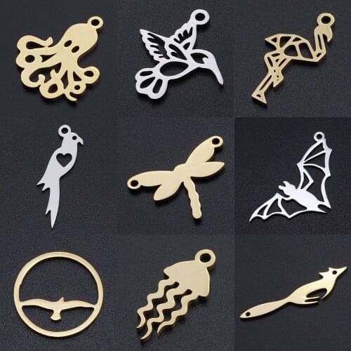5pcs/lot Animal Jellyfish DIY Charms Wholesale 100% Stainless Steel Fox Bat Connectors Charm Bird Parrot Owl Jewelry Pendant