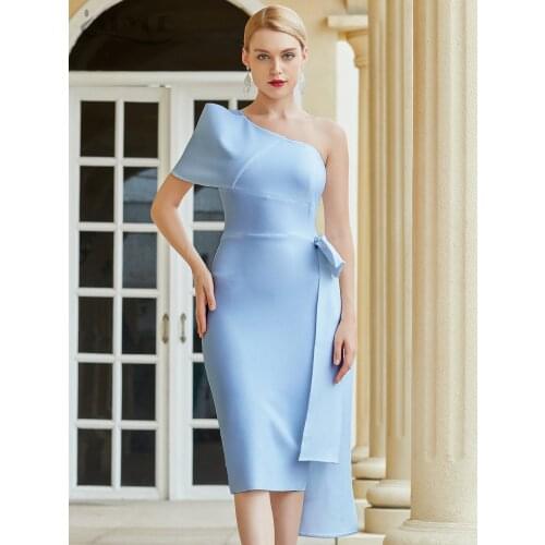 Adyce 2021 New Summer Women One Shoulder Bodycon Bandage Dress Sexy Sky Blue Bow Short Sleeve Club Celebrity Runway Party Dress
