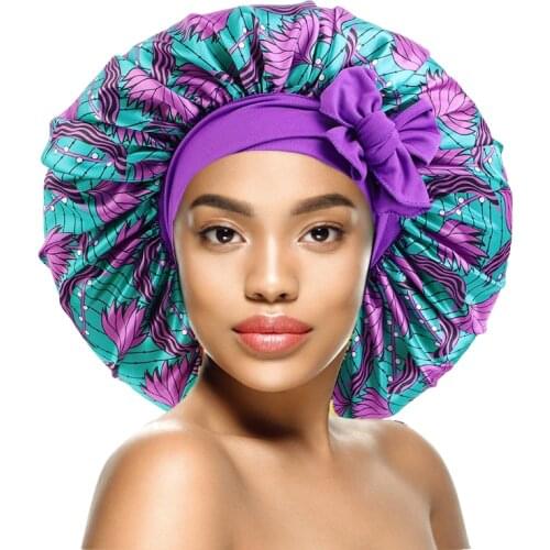 Elastic Band Large Satin Bonnet Sleeping Cap Women African Pattern Ankara Print Hat Adjustable Night Sleep Cap Soft Headcover