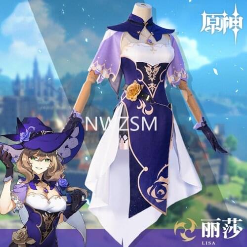 Game Genshin Impact Lisa Witch of Purple Rose Cosplay Costume The Librarian Sexy Dress