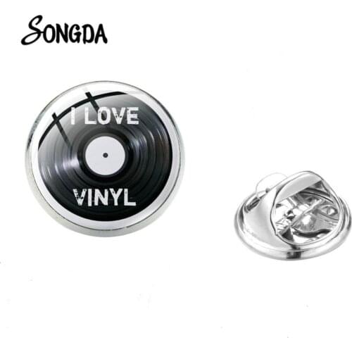 Exquisite Vinyl Record Cartoon Print Brooches Pins Old School Vinyl Pattern Glass Cabochon Lapel Pin 80s Retro Music Lovers Gift