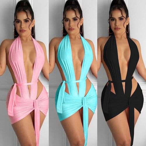 Two Piece Sets Skirt Night Club Party Halter Backless Bodysuit And Skirt 2021 Summer Cut Out Ruched Women Solid Matching Sets
