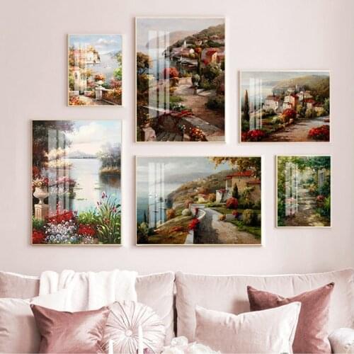 Canvas Wall Picture for Living Room Decor Poster and Prints Abstract Mediterranean Sea Garden Landscape Oil Painting on
