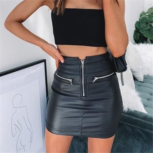 2020 New Fashion Solid Color Zipper PU Leather Skirts Women Vintage Slim Sexy Bag Hip Bright Skirt A-line Skirt