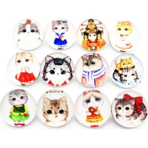 New Arrive 10pcs/lot Cute Cat Snap Buttons Charms 18mm Animal Print Glass Buttons Fit DIY Snap Bracelets&Bangle Jewelry