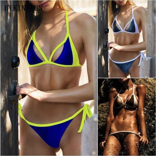2020 New Sexy Contrast Color Swimsuit Women Triangle Bralette Swimwear Backless Halter Mini Beachwear S-XL Girl Thong Bikini Set