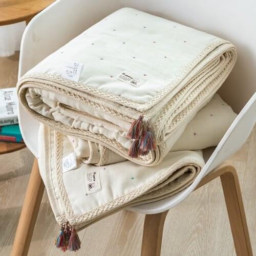 Japanese Muslin Childrens Quilt with Tassels Korean Natural Cotton Gauze Baby Summer Blanket Boho Kids Baby Comforter Bed Cover