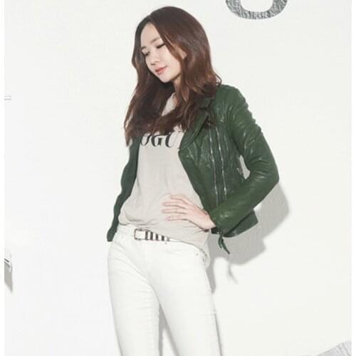 Luxury Women Casual Short Biker 100% Sheepskin Genuine Leather Jacket Army Green Slim Fit Punk Leather Coat Zipper Motor Jackets