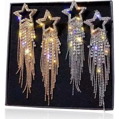 Rhinestone Long Tassel Drop Earrings for Women Bridal Bijoux Luxury Shiny Star Crystal Dangle Earrings Wedding Party Jewelry