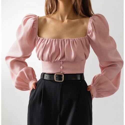 Women Autumn Short Tops Ladies Square Collar Tops Long Sleeve Tops T Shirt Shirts Button Shirt