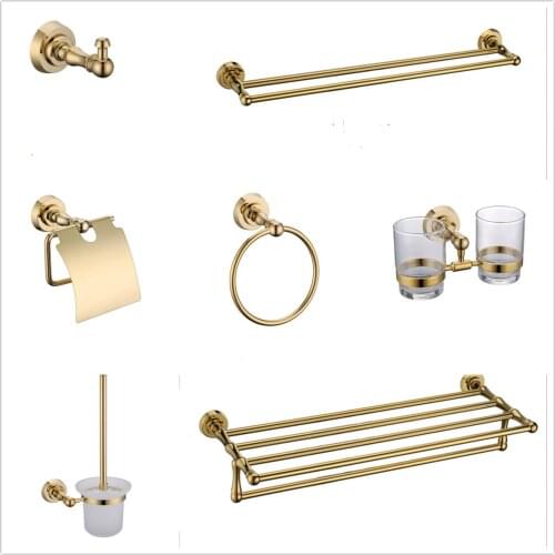 Solid Brass Bathroom Accessories Set Soap Dispenser Polished Gold Shower Bathroom Sets Towel Rack Toilet Roll Paper Holder