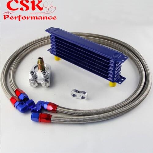 Universal 7 Row 262mm AN10 Engine Transmission Oil Cooler Trust Type + Aluminum Filter Adapter Kit Silver/Blue/Black