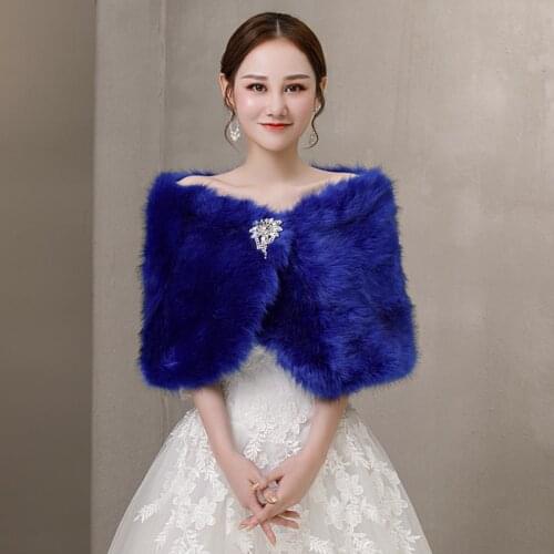 Blue Faux Fur Party Shawl Winter Warm Bridal Bolero Ivory Wedding Coat Wine Red Wedding Diamond Brooch Bridal Wrap Party Cape