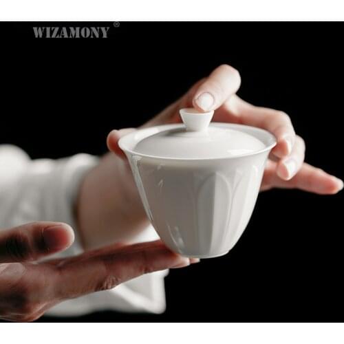 WIZAMONY Dehua white carve chrysanthemum petal cover bowl pot kung fu tea set tea bowl dry bubble plate sheep fat jade porcelain