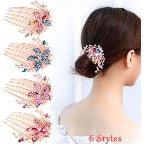 1PC Colorful Flowers Rhinestone Hairpins Retro Womens Hollow Out Crystal Hair Comb Hairpin Fashion Hair Accessories Headdress