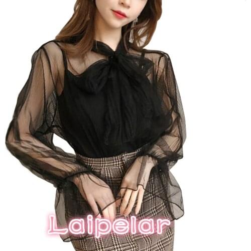 Long Flare Sleeve Blouse Shirts Women Summer Mesh See Through Shirts Tops Blousas Sexy Bow Two Pieces Women Shirts Laipelar