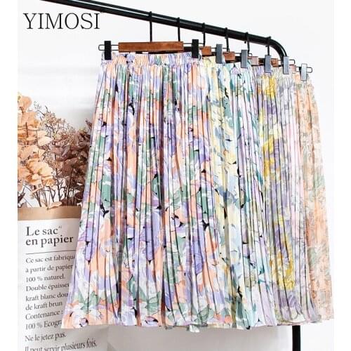 2021 Spring Summer Women Tulle Pleated Skirts Ladies High Waist Loose Skirts Female Vintage Bohemian Floral Chiffon Skirts
