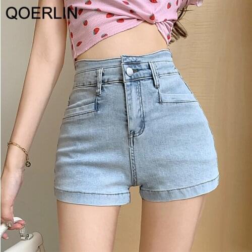 QOERLIN High Stretch Denim Shorts Women Plus Size High Waist Jeans Summer Front Pocket Zipper Fly Skinny Sexy Short Mini Shorts