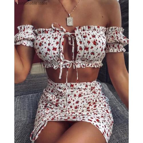 Women Print Suits Summer Floral Print Tie Front Off Shoulder Crop Top and Mini Skirt Set Lady Sexy 2pcs Set