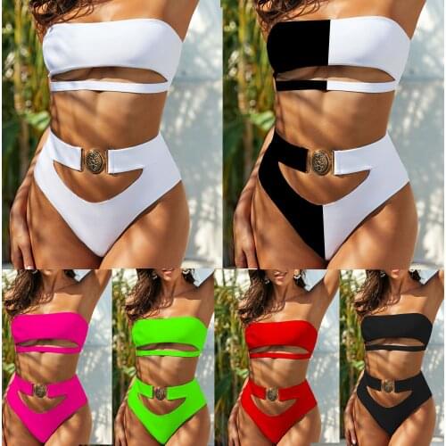 2021 sexy push-up bikini suit bodybuilding swimwear ladies metal buckle tube top bandage beach bikini