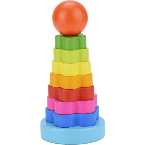 Baby Kid Education Wooden Toy Stacking Nest Learning Stack Up Rainbow Tower Ring Y4QA