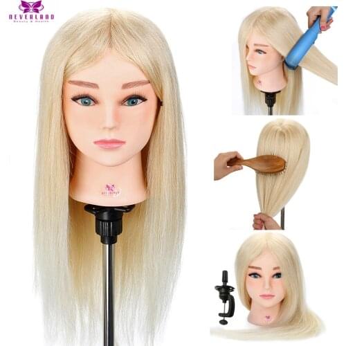 Mannequin Head 22'' 100% Real Hair Hairdressing Training Head for Barber White Hair Curling Practice Dummy Doll Manikin Head