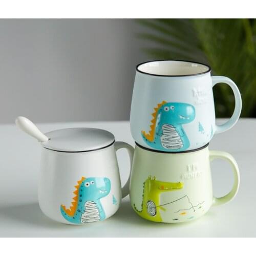 Cute Mr Dinosaur Crocodile Cartoon Ceramic Coffee Mug with Spoon and Lid Porcelain Juice Drinking Cup Coffee Milk Tea Cup