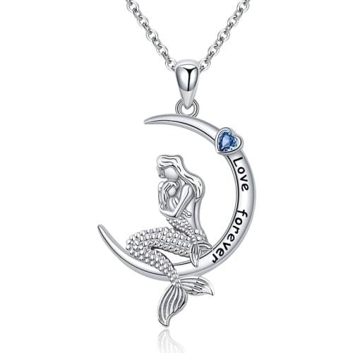 925 Sterling Silver Classic Sea Mermaid Crescent Moon Necklace Pendant Valentines Gifts Jewelry for Girls Women Daughter Gift