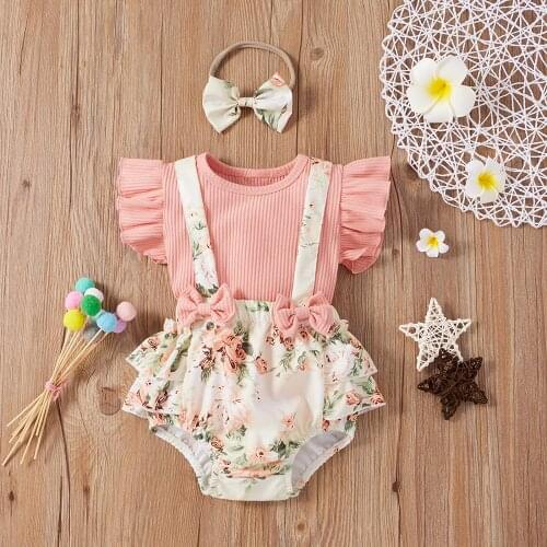 3PCS Newborn Baby Girl Summer Clothes Ruffle Sleeve Ribbed Bodysuit Tops Floral Suspender Shorts Headband Outfits