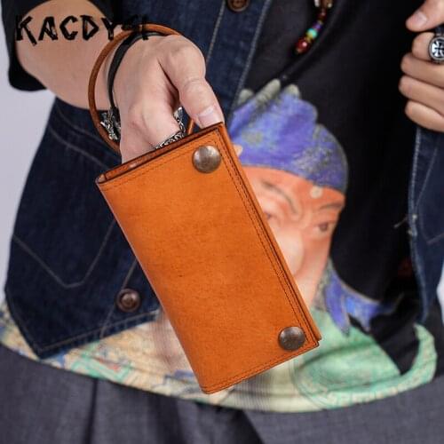 Nature Cowskin Leather Handmade Retro Men Chain Wallet Long Style Luxury Cash Purse Good Quality Male Bifold Money Clip Carteira