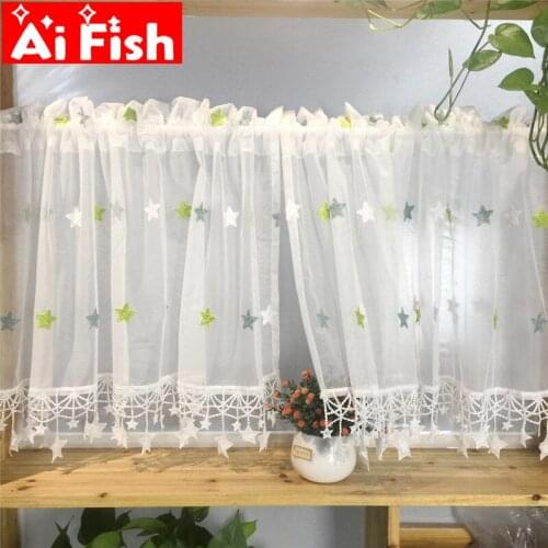 Nordic Stars Embroidery Lace Tulle Short Curtain Cartoon Pendant Lace Kitchen Study Tulle Curtain Window Screen Cortinas M065-3
