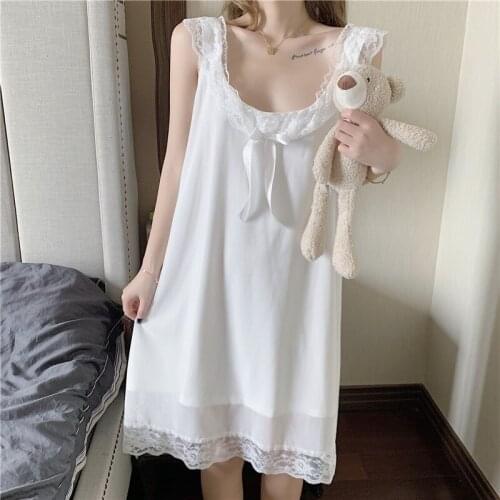OLOMLB Cute Lace Stitching Sling Dress Japanese Soft Girl Sweet Dresses 2021 Summer O-Neck All-Match Home Service Pajamas Women