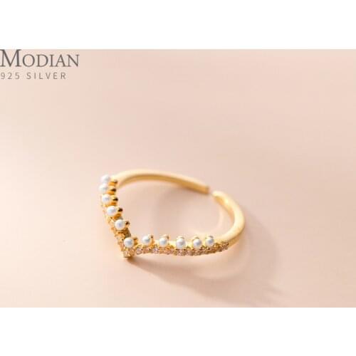 Modian Natural Pearl Shining Zircon Simple Stackable Finger Ring for Women Fashion 925 Sterling Silver Opening Ring Fine Jewelry