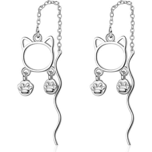 New Temperament Long Ear Line Cute Animal 925 Sterling Silver Jewelry Footprints Hollow Cat Exquisite Dangle Earrings SE627