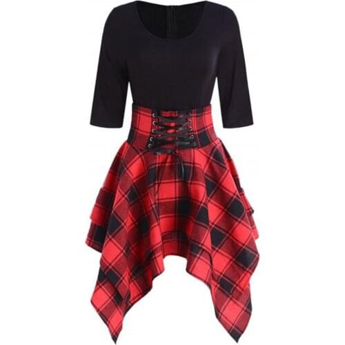 Dresses for Women 2021 Fashion Plaid Print Woman Dress Half Sleeve Summer Casual O-Neck Lace Up Tartan Asymmetrical Mini Dress