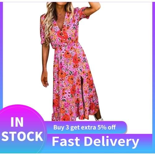Dresses Plus Size Woman 2021 Summer Tie-dye Flower Print Short Sleeve V-neck Waist Split Dress Summer Dress Vestido De Mujer
