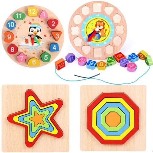 Montessori Cartoon Animal Educational Wooden Beaded Geometry Digital Clock Puzzles Gadgets Matching Clock Toy For Children