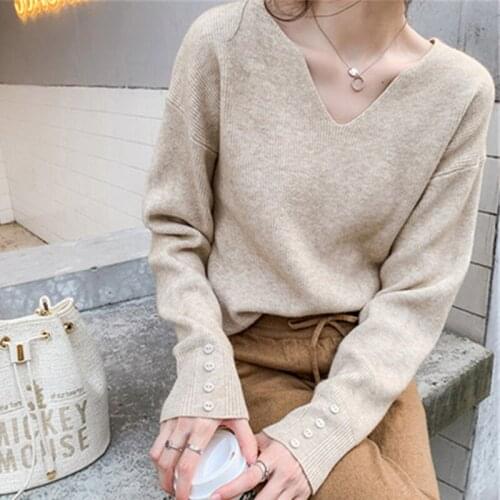 V-neck Loose Elegant Office Lady Casual All Match 2021 Autumn Winter Women Sweaters Female Tops Knitted Thin Pullover Solid