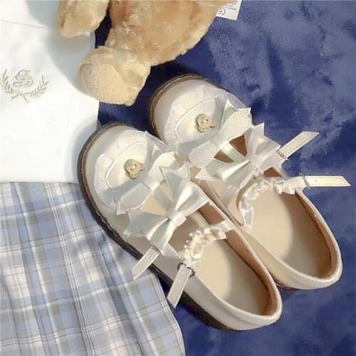 Japanese Womens Jk Uniform Lolita Shoes Lace Cute Sweet Round Head Retro Sweet Girl Bear Button Goth Cosplay School Female Flat
