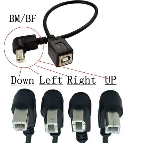 High Speed 25CM M/F USB 2.0 Type B Male90 degree Left Right UP Down Angle to Female Right Angle Extension Data Cable 0.25M