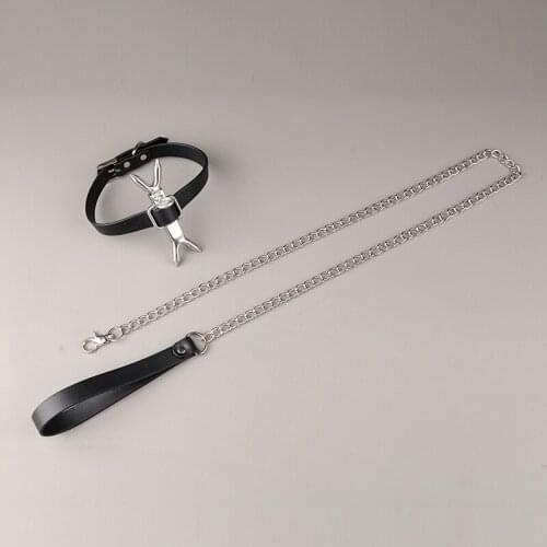 Women Sex Accessories Leather Metal Double Fork Collar Traction Chain Bdsm Bandage Constraint Femdom Slave Couple Flirting Toys