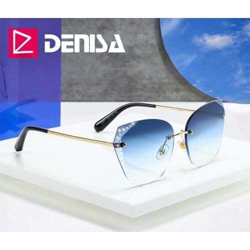 DENISA Blue Rimless Rhinestone Sunglasses Woman Fashion 2019 Cateye Ladies Sunglasses UV400 Protection Shades For Women G23071