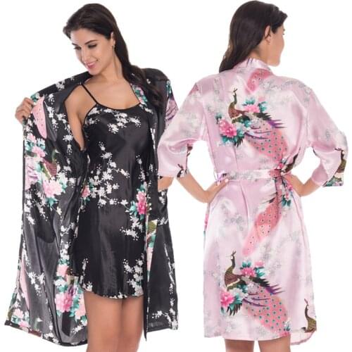 Witbuy Satin Sleepwear Print Flower&Peacock Kimono Bathrobe Women Mini Sexy Dress For Sex Bride Bridesmaid Wedding Robe Sets