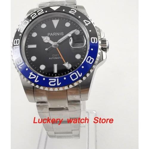 40mm Parnis Black and blue Ceramic Bezel black dial orange GMT luminous marks sapphire glass automatic Mens Watch-PA51
