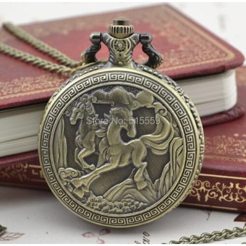 50pcs/lot Real Bronze Horse Unisex Pocket Watch Top Quality Watch Necklace Gift Watch Factory Price Wholesale